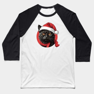 Black Cat in a Santa Hat Baseball T-Shirt